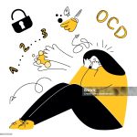 This is concept of OCD symptoms. Woman has symptoms obsessive compulsive disorder, intrusive thoughts, wash hands, fear, neurosis and panic attack. Vector illustration syndrome OCD of human was made in hand drawing style art.